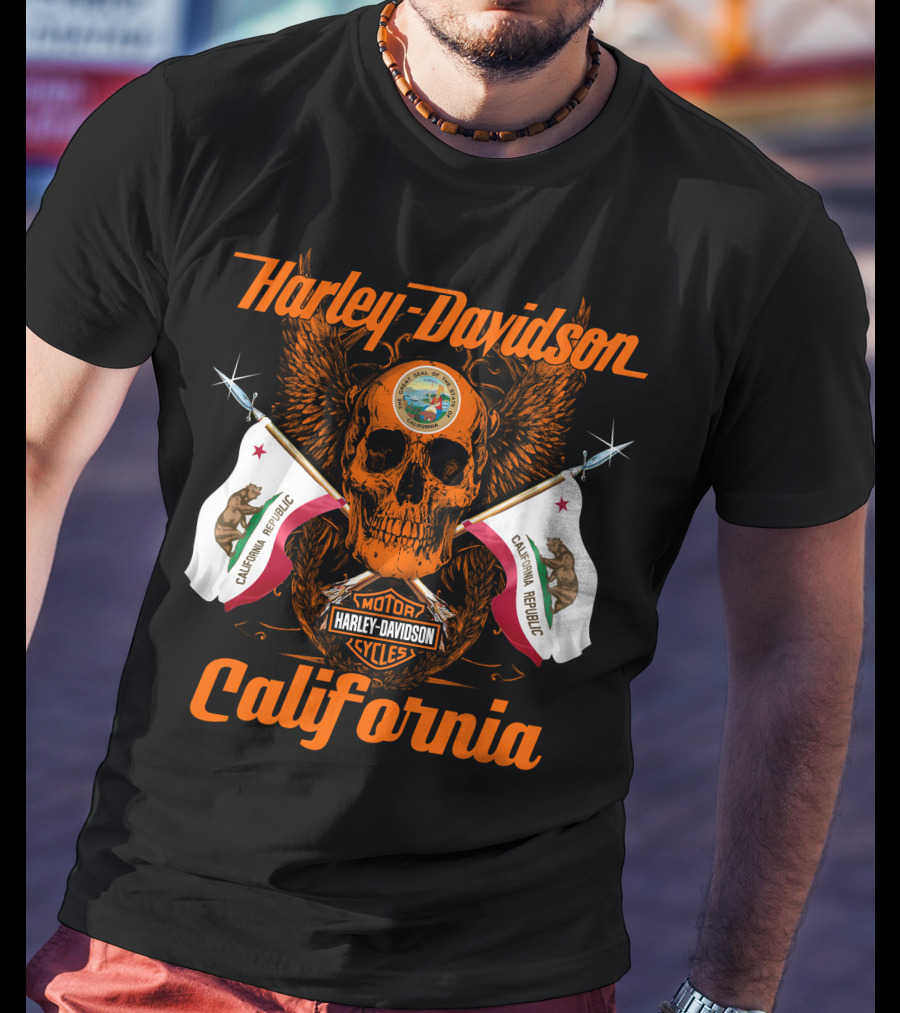 Harley Davidson California Republic Skull And Flags T-Shirt