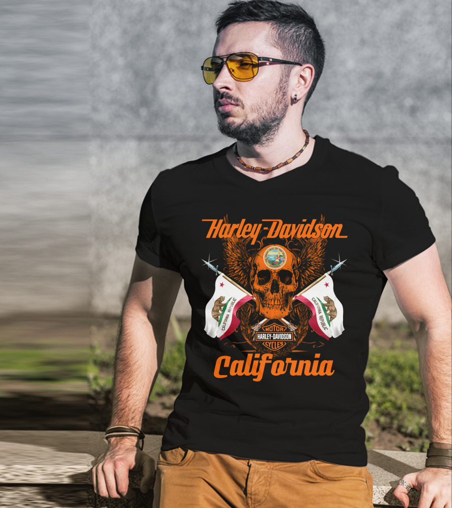 Harley Davidson California Republic Skull And Flags T-Shirt
