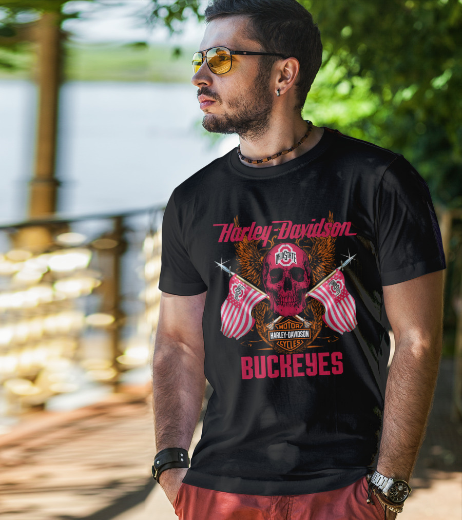 Harley Davidson Ohio State Buckeyes Motor Cycles Flags Skull T-Shirt