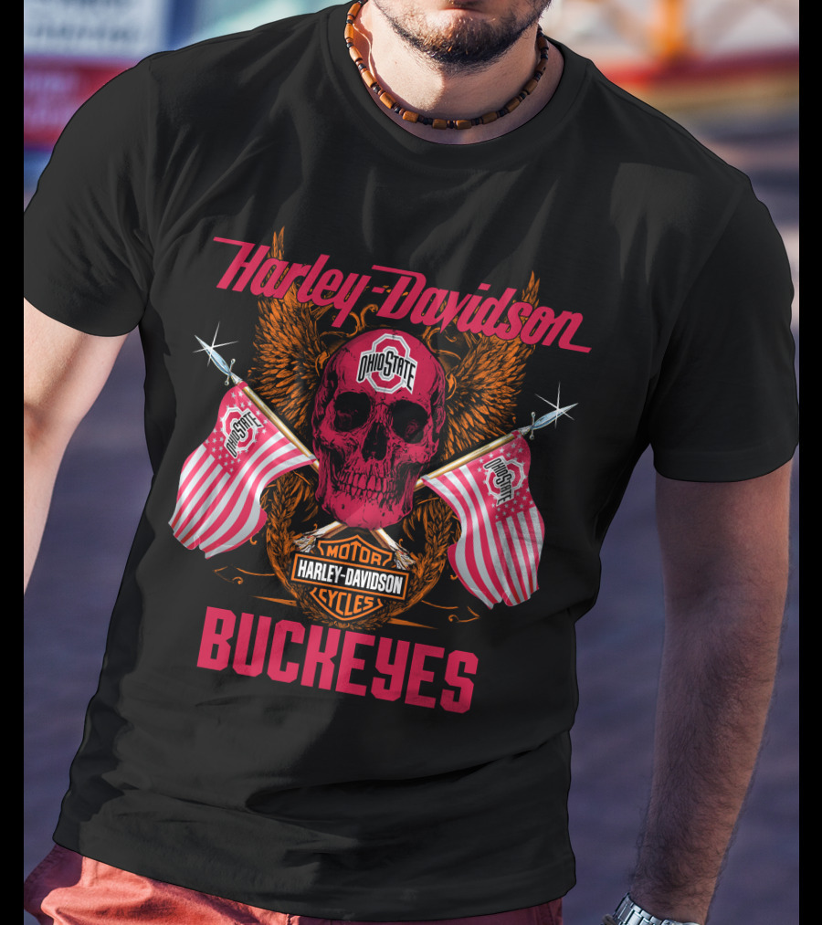 Harley Davidson Ohio State Buckeyes Motor Cycles Flags Skull T-Shirt