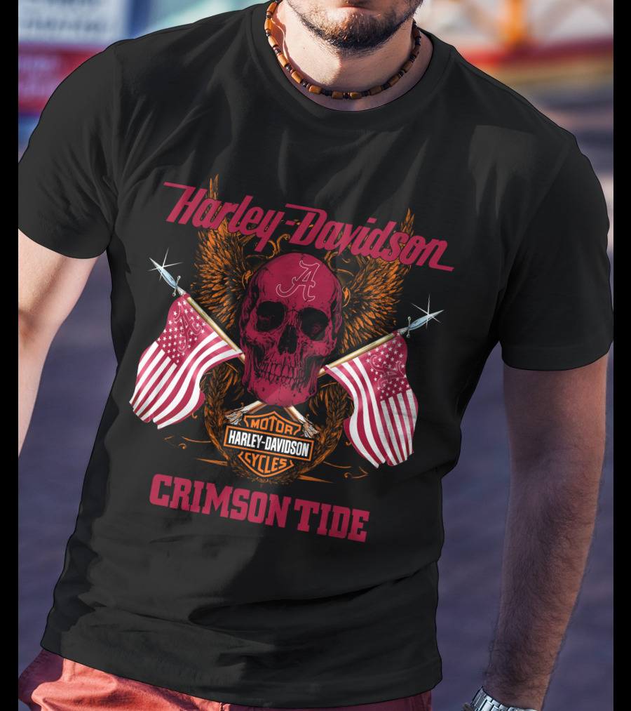 Harley Davidson Crimson Tide Skull Flags Alabama T-Shirt