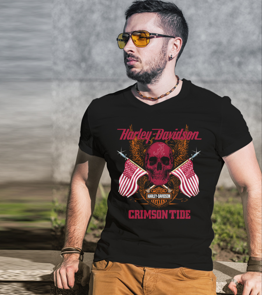 Harley Davidson Crimson Tide Skull Flags Alabama T-Shirt