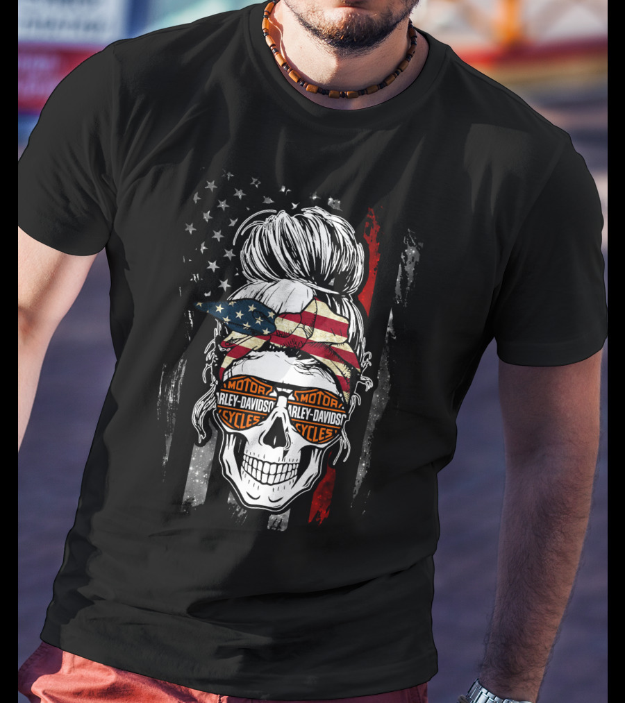 Harley Davidson Skull With American Flag Bandana And Sunglasses T-Shirt