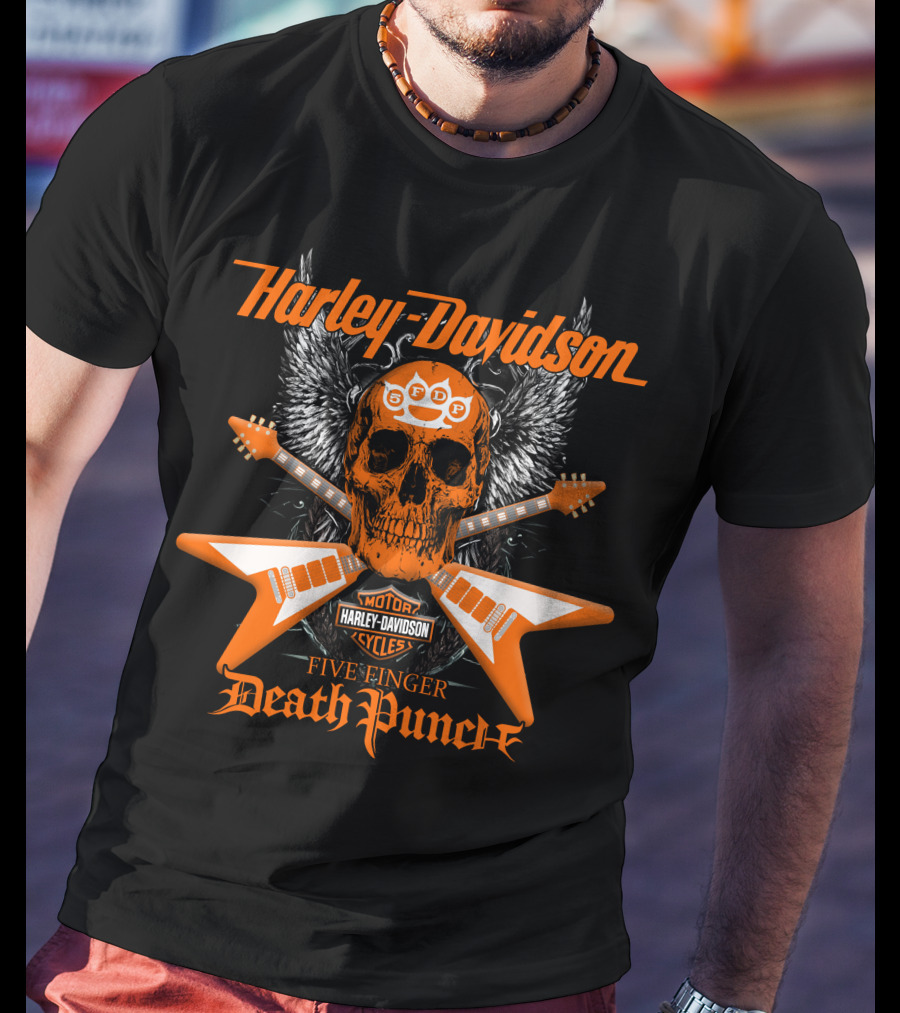 Harley Davidson Motor Cycles Five Finger Death Punch Electric Guitar Skull Wings T-Shirt