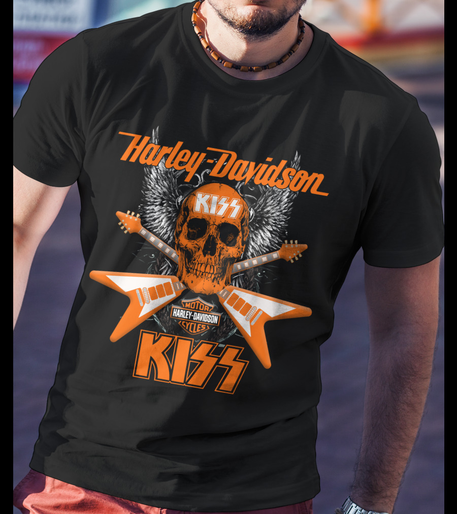 Harley Davidson Kiss Motorcycles Electric Guitar Skull Wings T-Shirt
