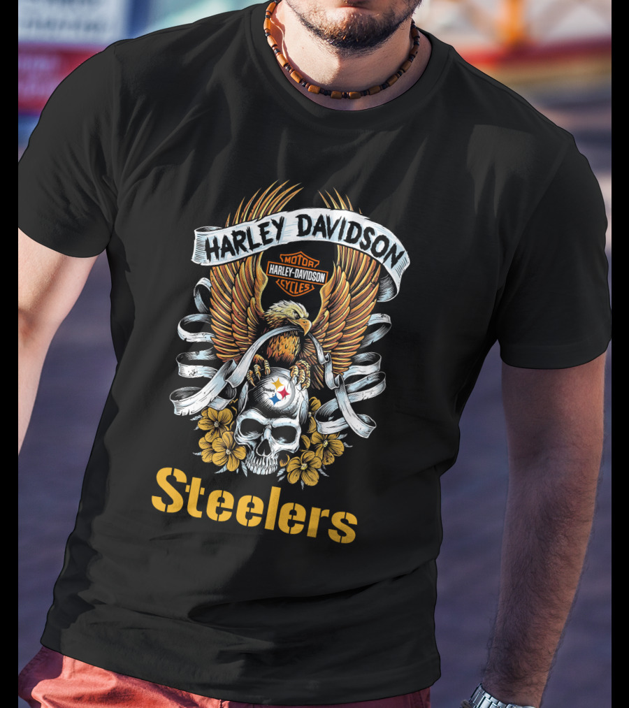 Harley Davidson Motor Cycles Pittsburgh Steelers Skull And Eagle T-Shirt