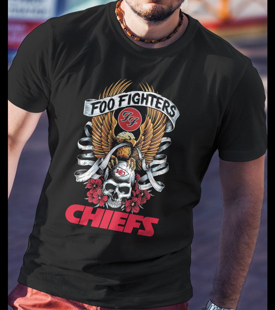 Foo Fighters Kansas City Chiefs Skull Eagle Wings Floral Banner T-Shirt