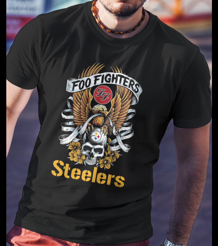 Foo Fighters Steelers FF Skull Eagle Floral Motif T-Shirt
