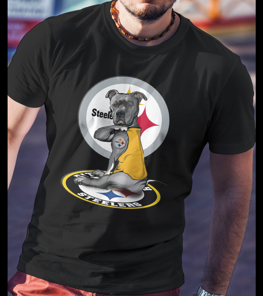 Pittsburgh Steelers Dog With Logo Tattoo And Yellow Vest T-Shirt
