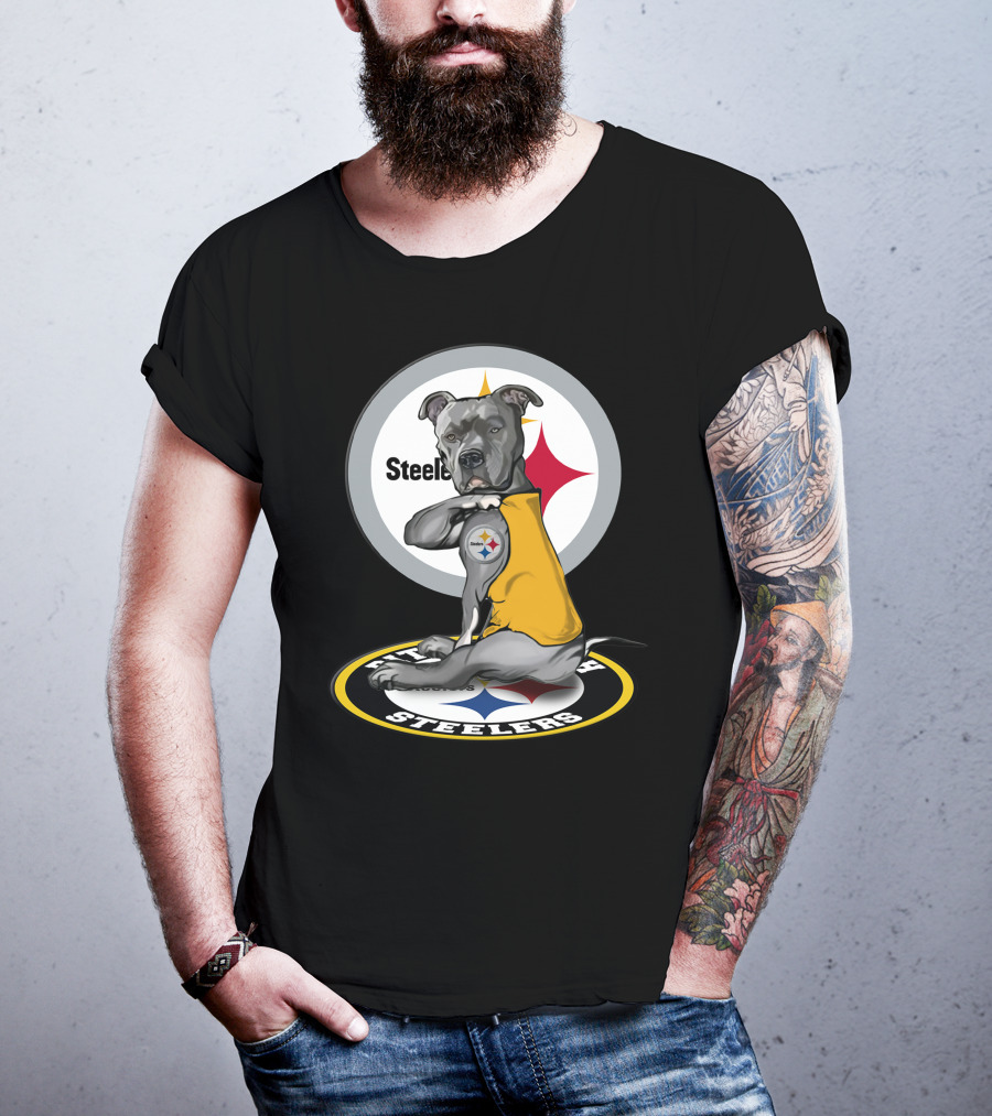 Pittsburgh Steelers Dog With Logo Tattoo And Yellow Vest T-Shirt