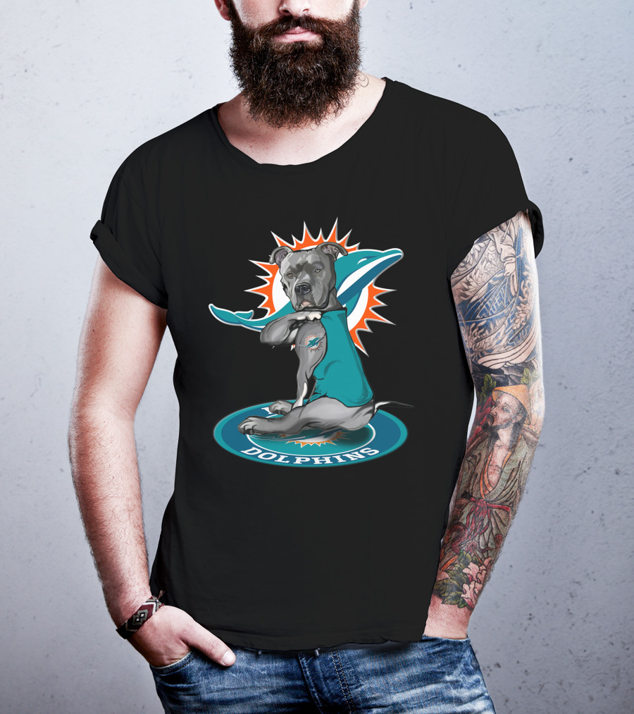 Miami Dolphins Dog With Logo Tattoo And Jersey T-Shirt