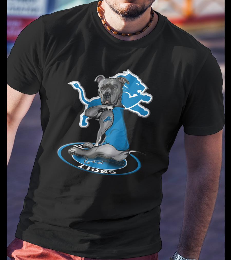 Detroit Lions Dog In Blue Jersey With Team T-Shirt