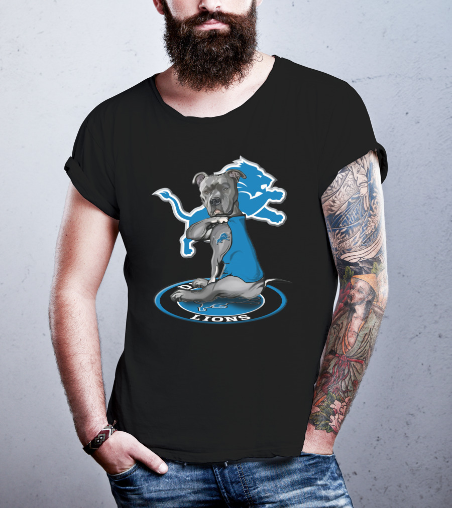 Detroit Lions Dog In Blue Jersey With Team T-Shirt