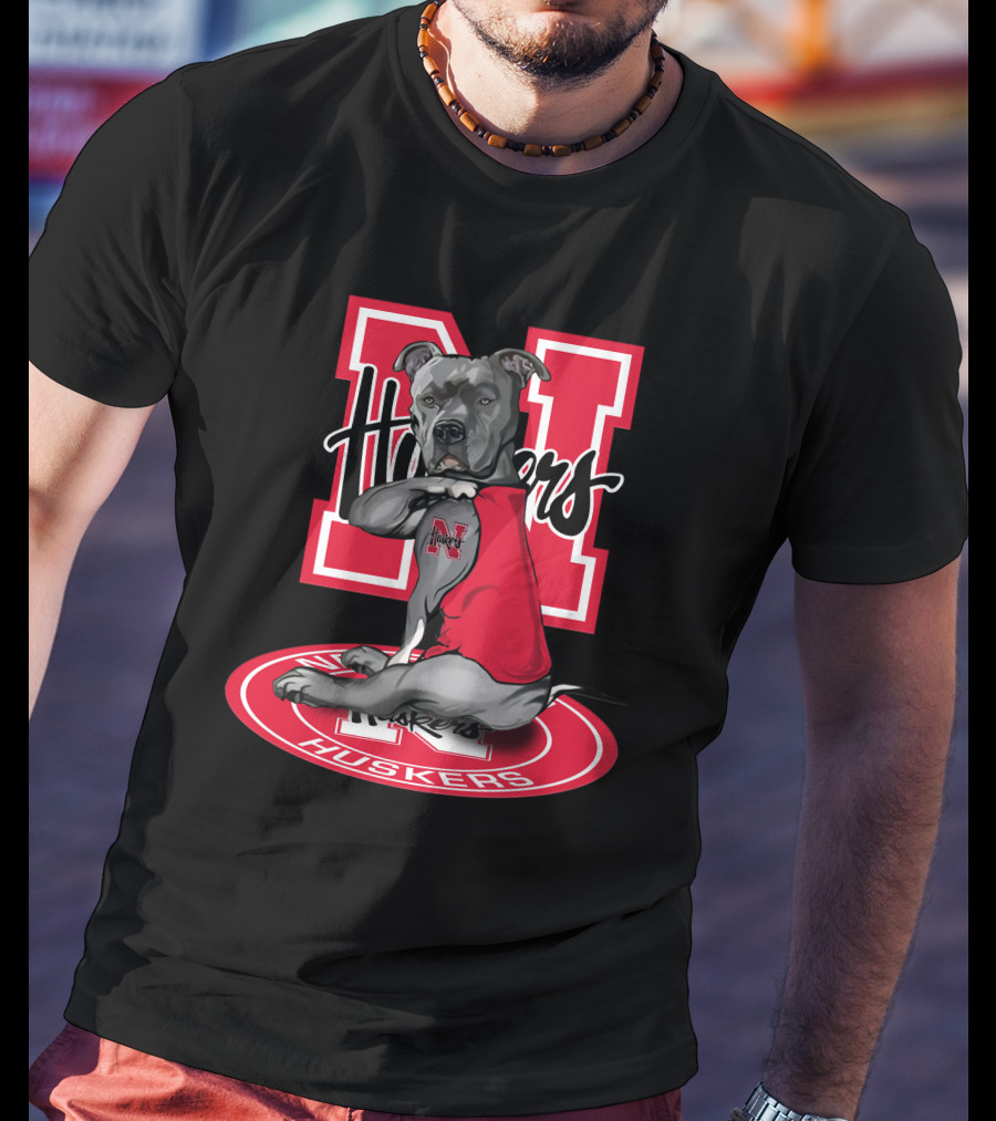 Nebraska Cornhuskers N Logo With Dog Wearing Red Husker T-Shirt