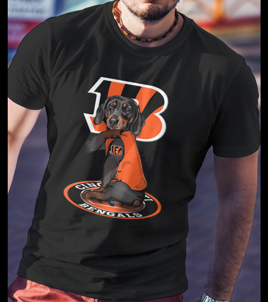 Cincinnati Bengals Dachshund In Team Jersey With Bengals T-Shirt