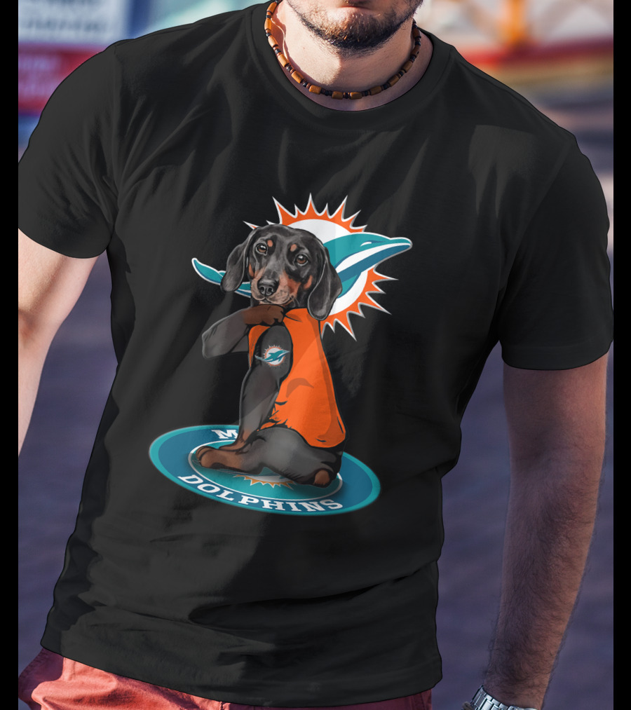 Miami Dolphins Dog Wearing Team Colors On T-Shirt
