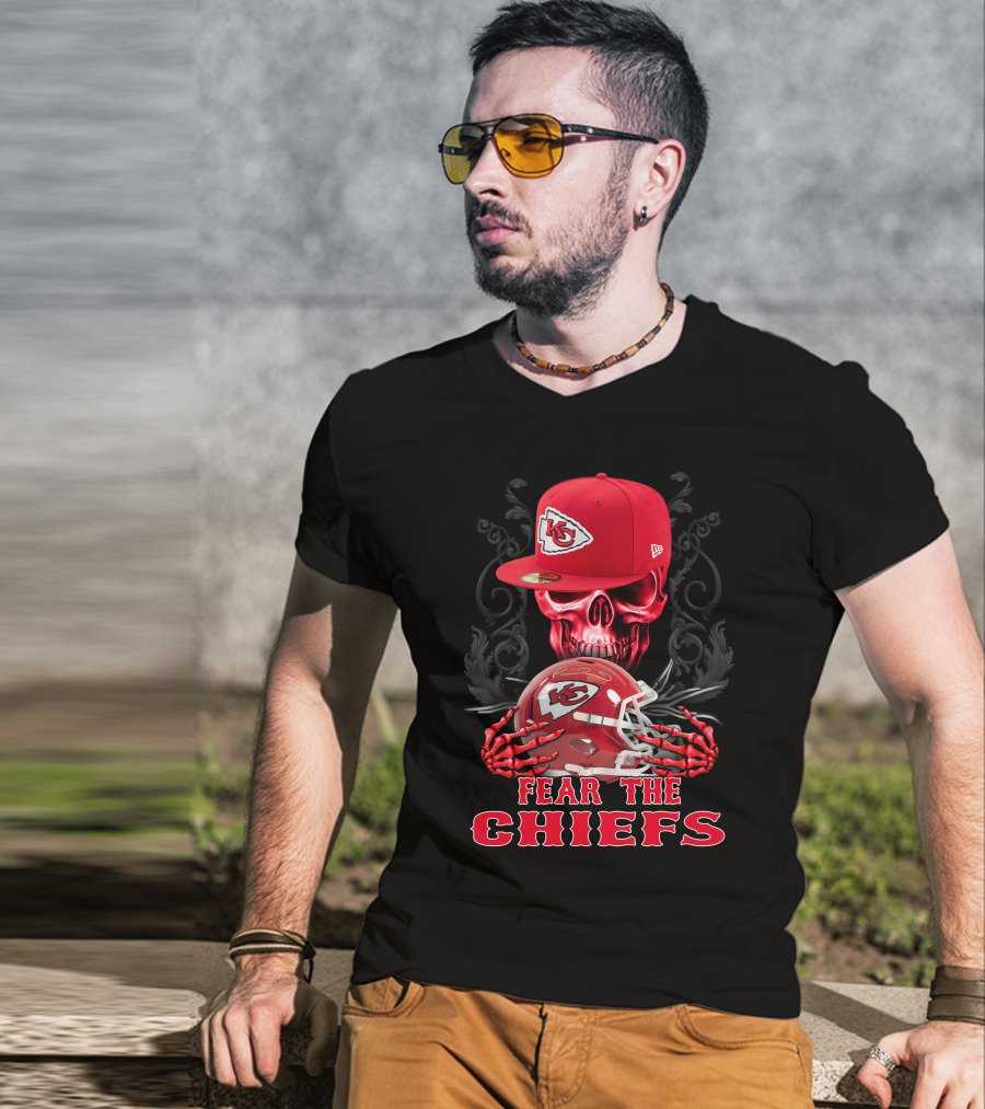 Fear The Chiefs Kansas City Chiefs Skull Helmet Cap T-Shirt