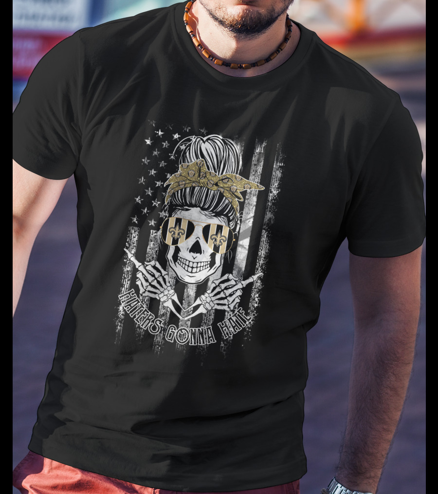 New Orleans Saints Skull Haters Gonna Hate Usa Flag Gold Bow Fleur-De-Lis Sunglasses T-Shirt