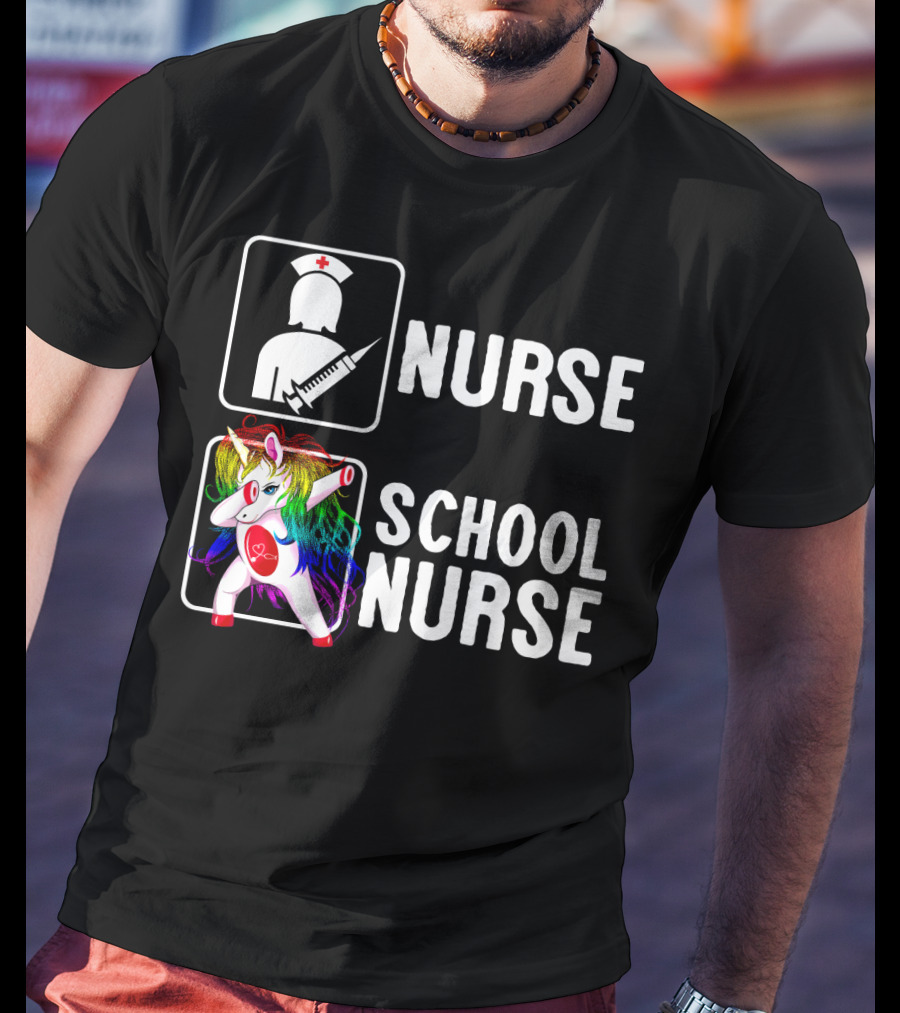 Nurse School Nurse Unicorn Rainbow Contrast T-Shirt
