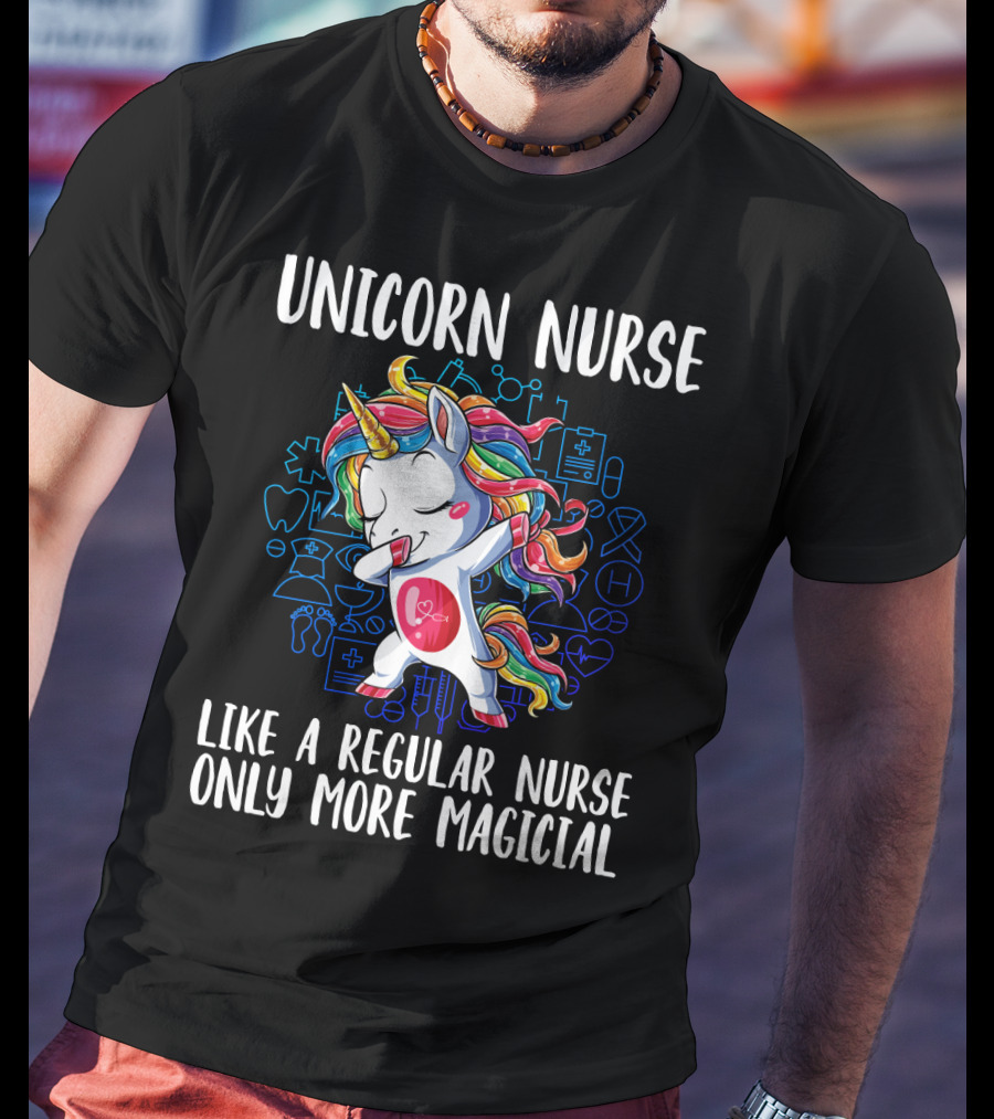 Unicorn Nurse Like A Regular Nurse Only More Magical With Colorful Rainbow Hair And Medical Symbols T-Shirt