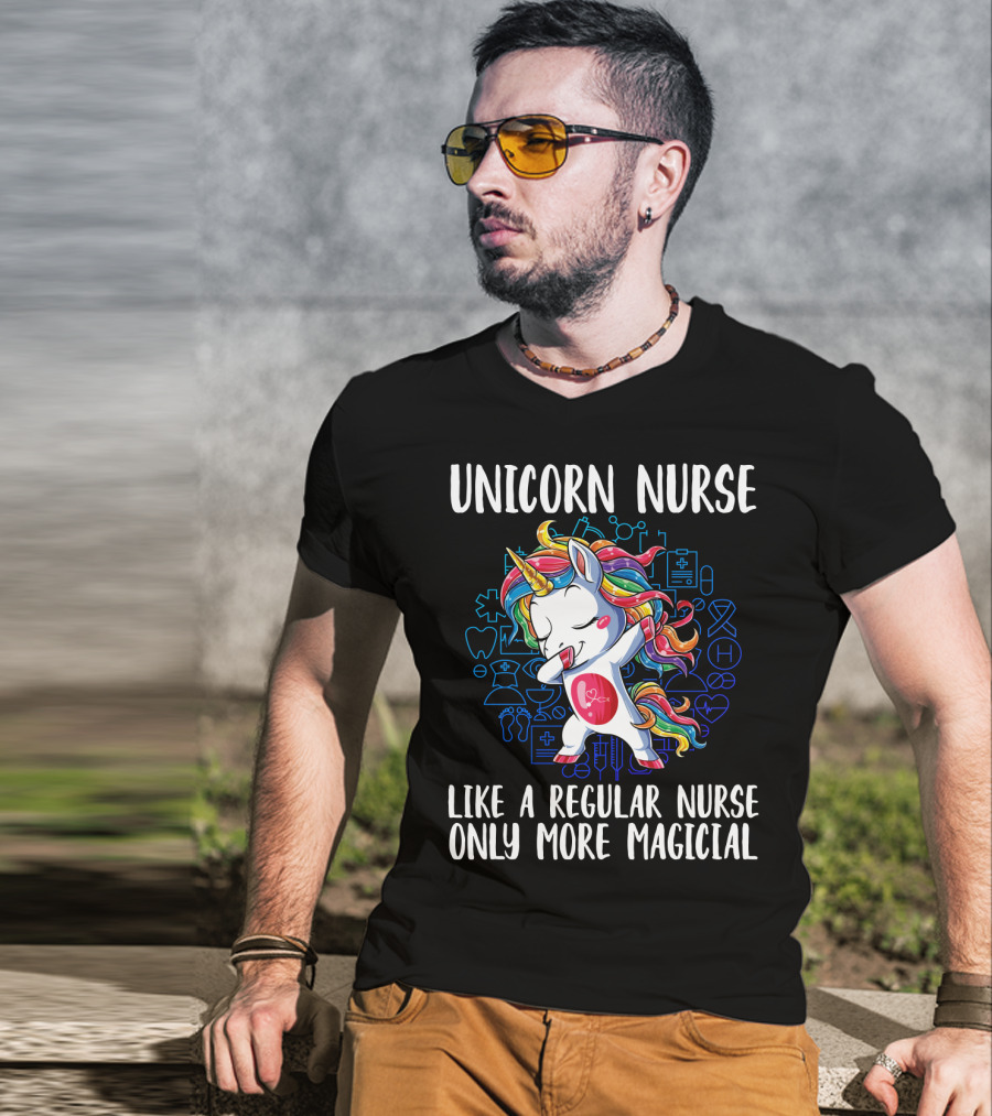 Unicorn Nurse Like A Regular Nurse Only More Magical With Colorful Rainbow Hair And Medical Symbols T-Shirt