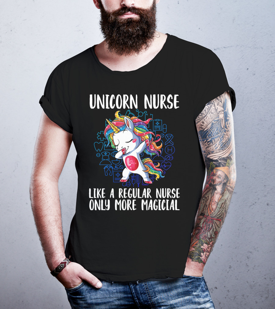 Unicorn Nurse Like A Regular Nurse Only More Magical With Colorful Rainbow Hair And Medical Symbols T-Shirt