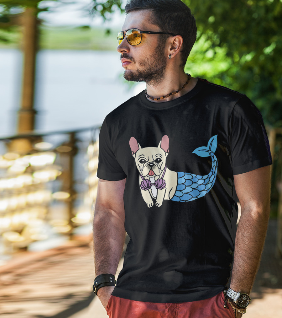 Cream French Bulldog Mermaid With Shell Bra Funny Do T-Shirt