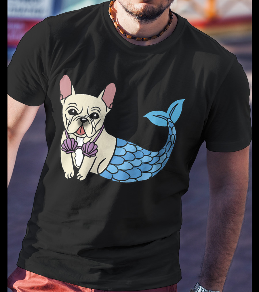Cream French Bulldog Mermaid With Shell Bra Funny Do T-Shirt