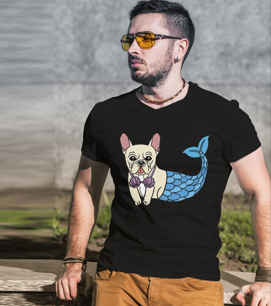 Cream French Bulldog Mermaid With Shell Bra Funny Do T-Shirt