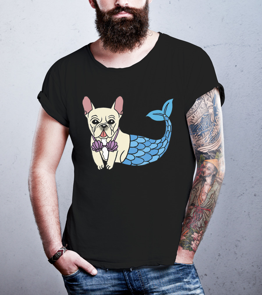 Cream French Bulldog Mermaid With Shell Bra Funny Do T-Shirt