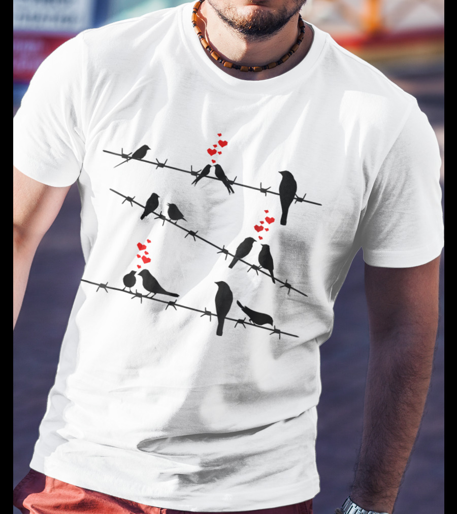 Cute Birds On A Wire Red Hearts Mens &amp T-Shirt