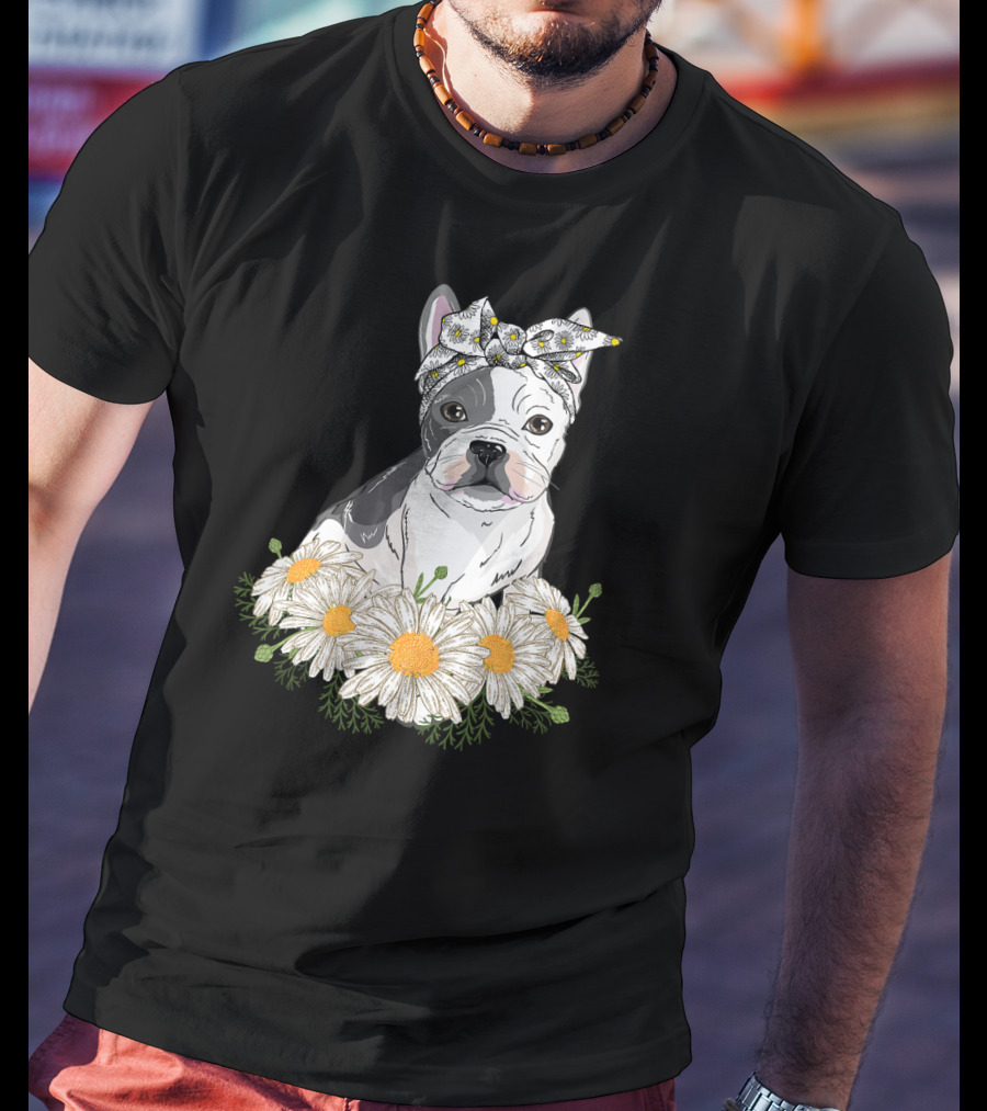 French Bulldog With Daisy Headband And Flower Garden T-Shirt