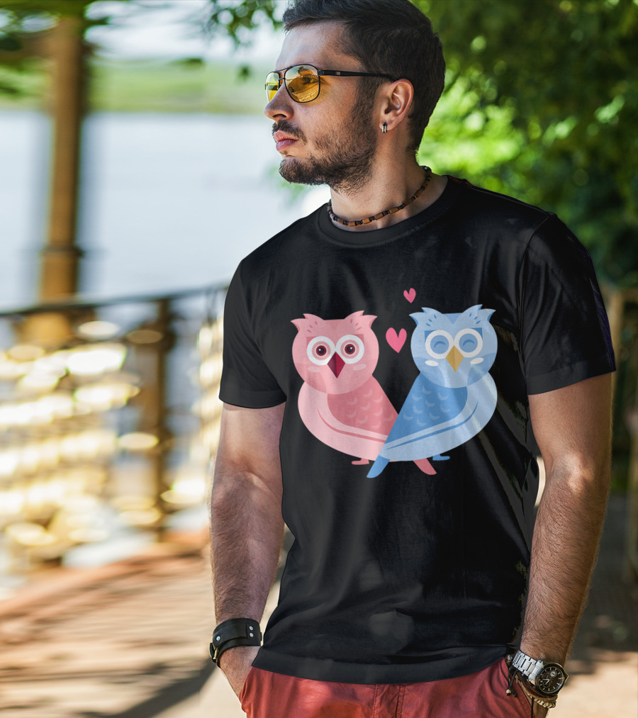 Cute Owls Birds In Love Couple With Hearts T-Shirt