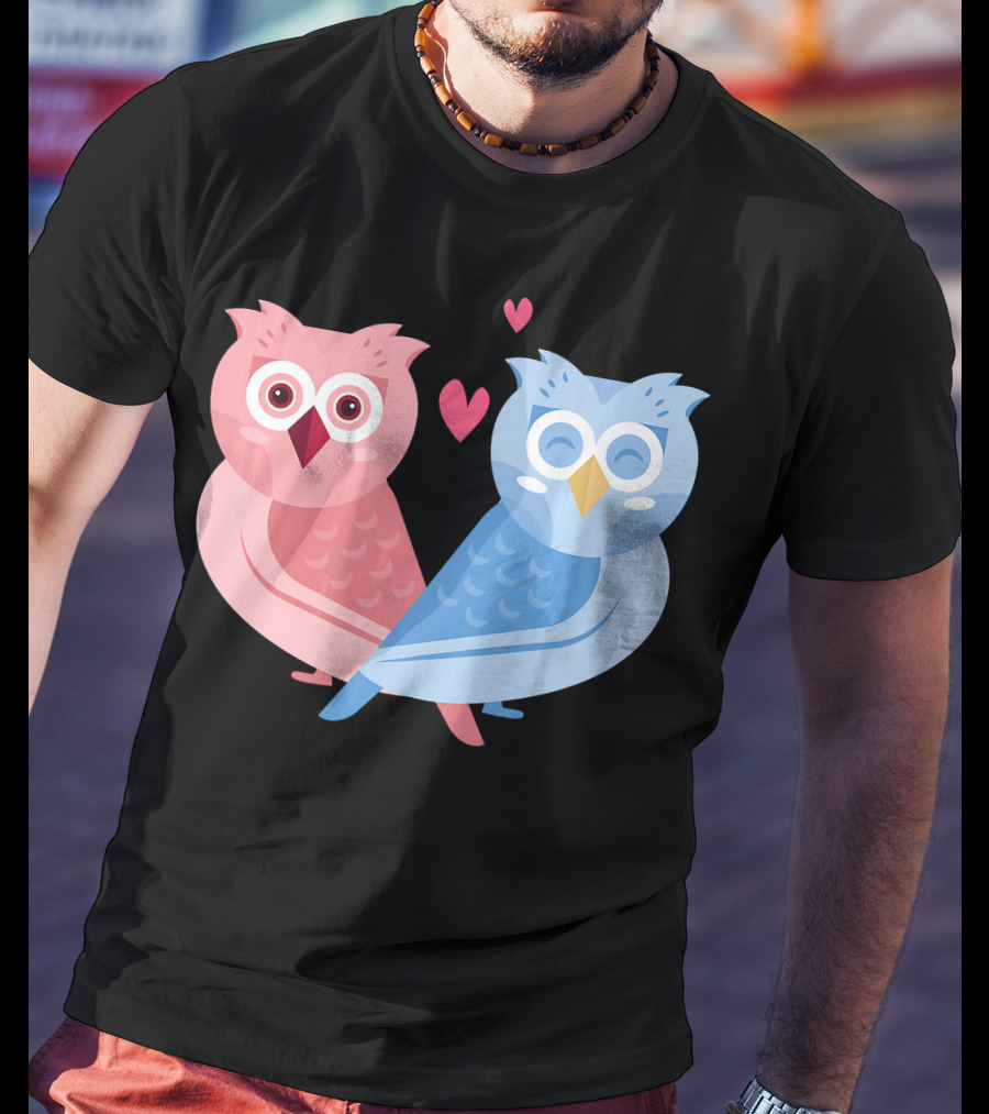 Cute Owls Birds In Love Couple With Hearts T-Shirt