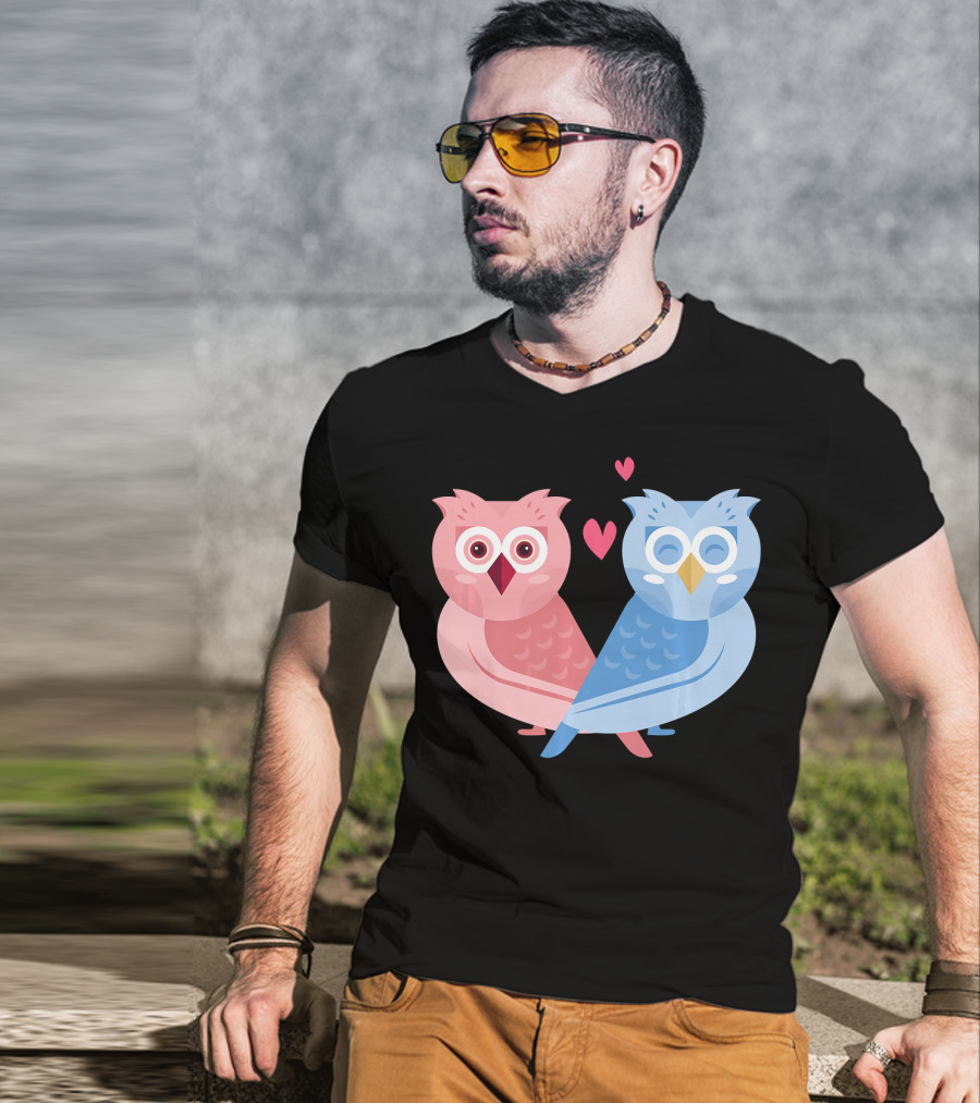 Cute Owls Birds In Love Couple With Hearts T-Shirt