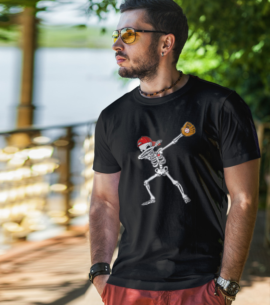 Dabbing Skeleton Baseball Dab Hip With Catcher's Glove And Cap T-Shirt