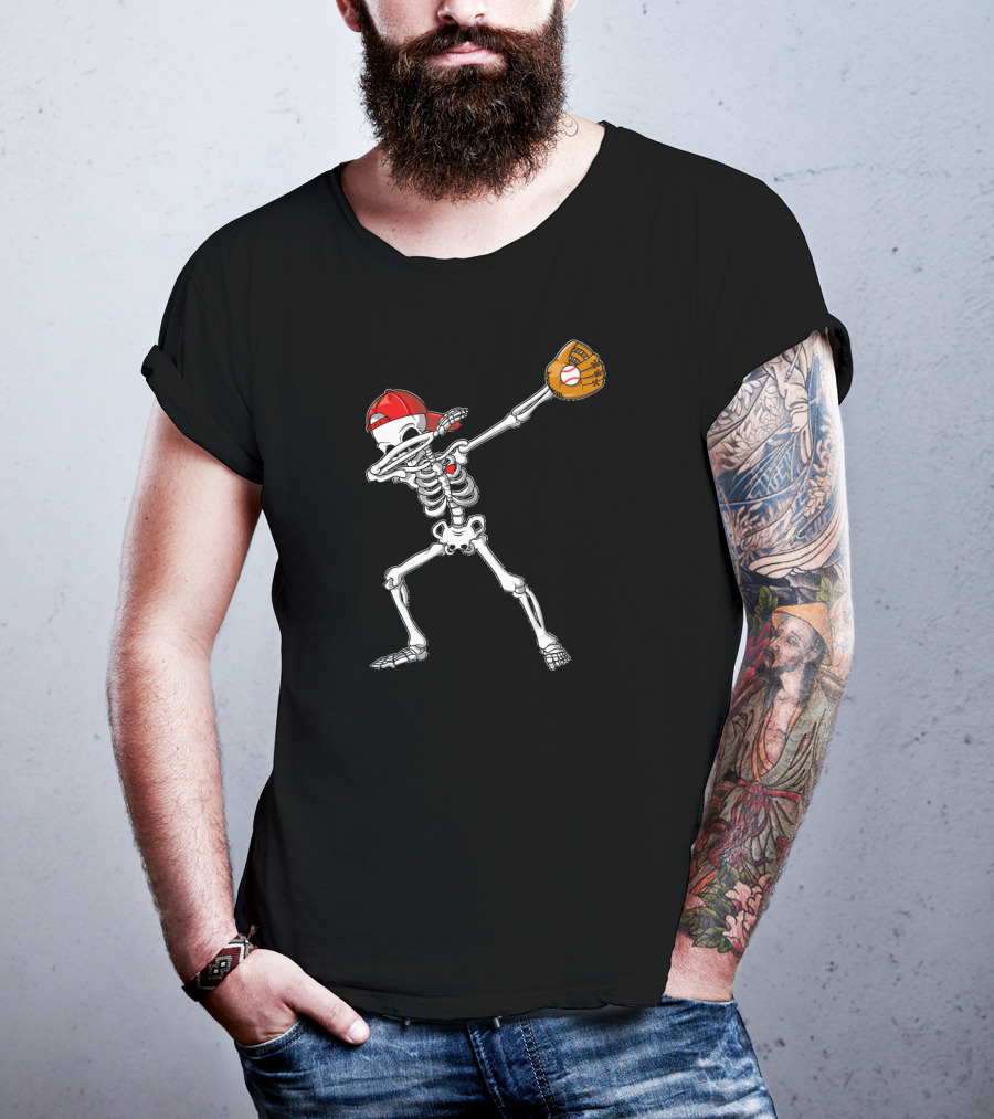 Dabbing Skeleton Baseball Dab Hip With Catcher's Glove And Cap T-Shirt