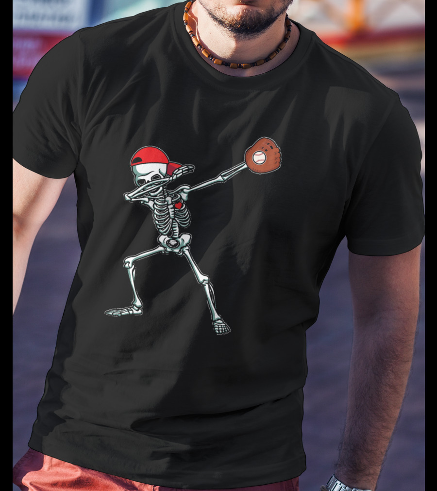 Skeleton Dabbing In Red Cap With Baseball Glove T-Shirt