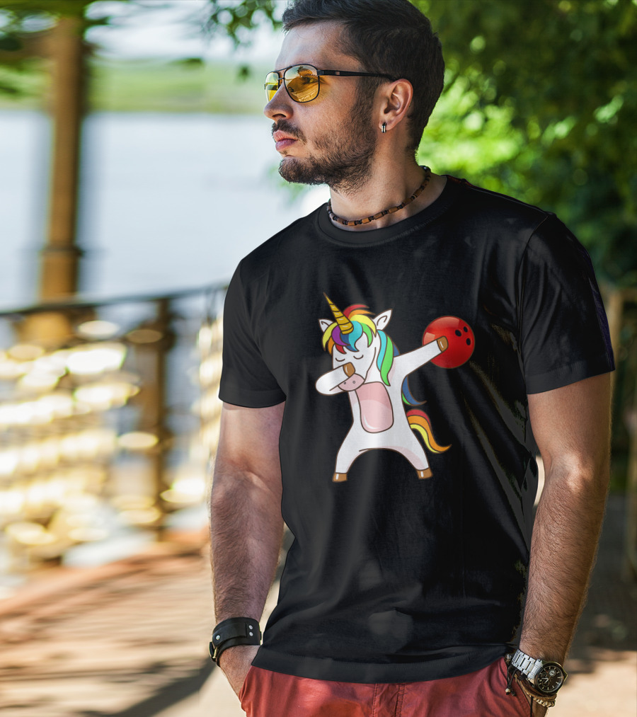 Dabbing Unicorn With Bowling Ball Rainbow Unico T-Shirt