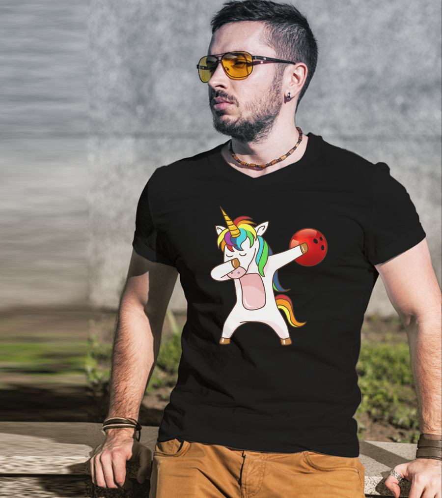 Dabbing Unicorn With Bowling Ball Rainbow Unico T-Shirt