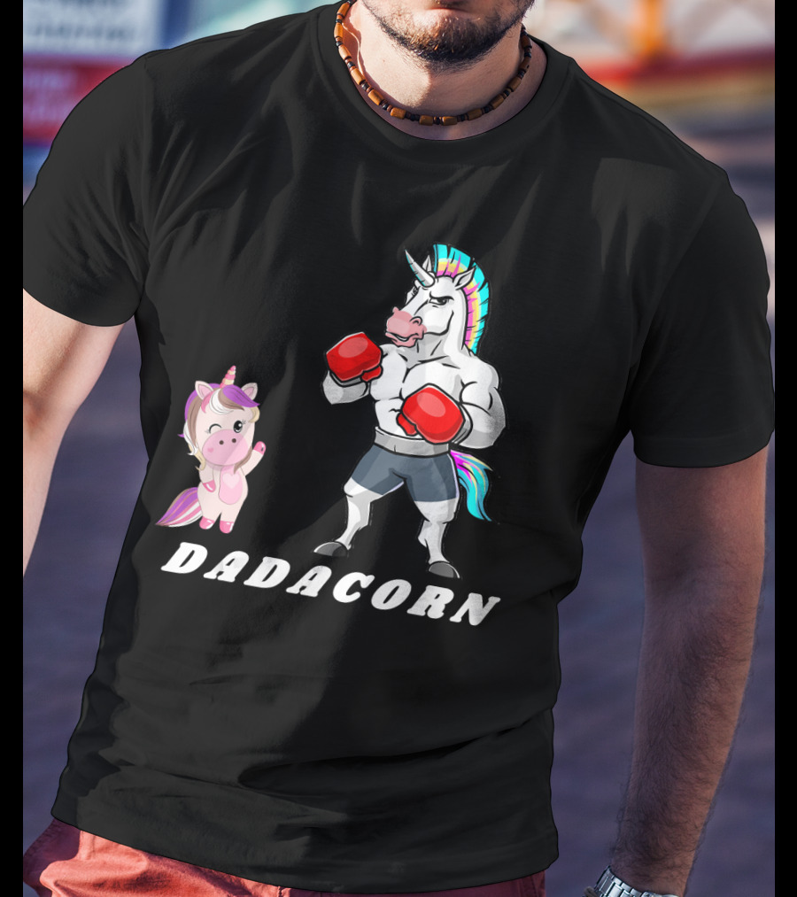 Dadacorn Boxing Unicorn Dad Baby With Muscle And Rainbow Mane T-Shirt