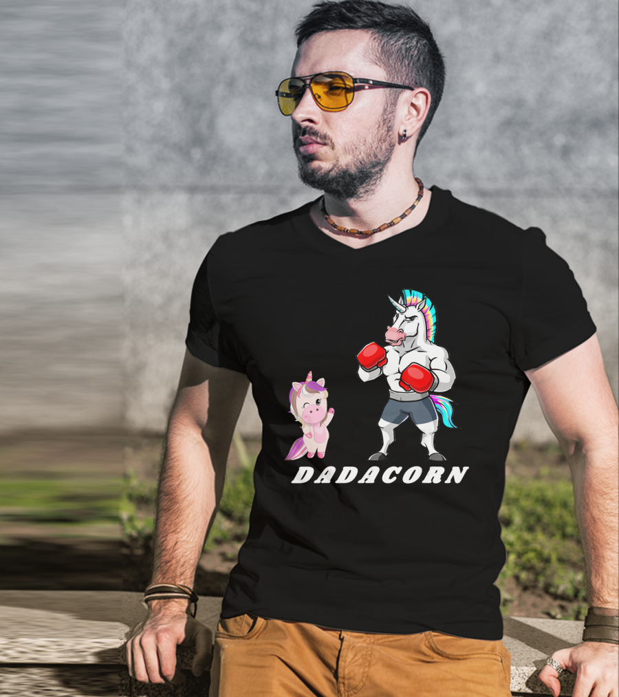 Dadacorn Boxing Unicorn Dad Baby With Muscle And Rainbow Mane T-Shirt