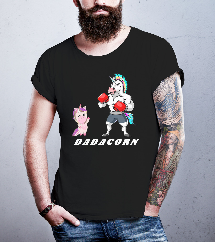 Dadacorn Boxing Unicorn Dad Baby With Muscle And Rainbow Mane T-Shirt