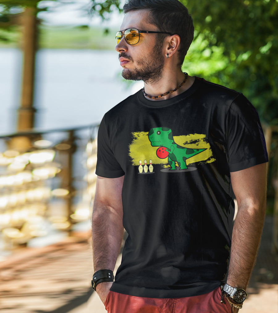 Dino Bowler With Red Bowling Ball And Pins In Yellow Splash Background T-Shirt