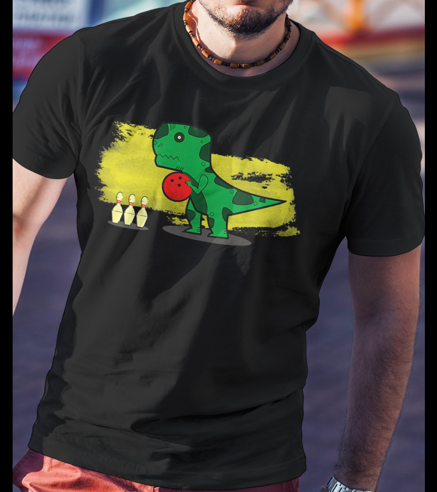 Dino Bowler With Red Bowling Ball And Pins In Yellow Splash Background T-Shirt