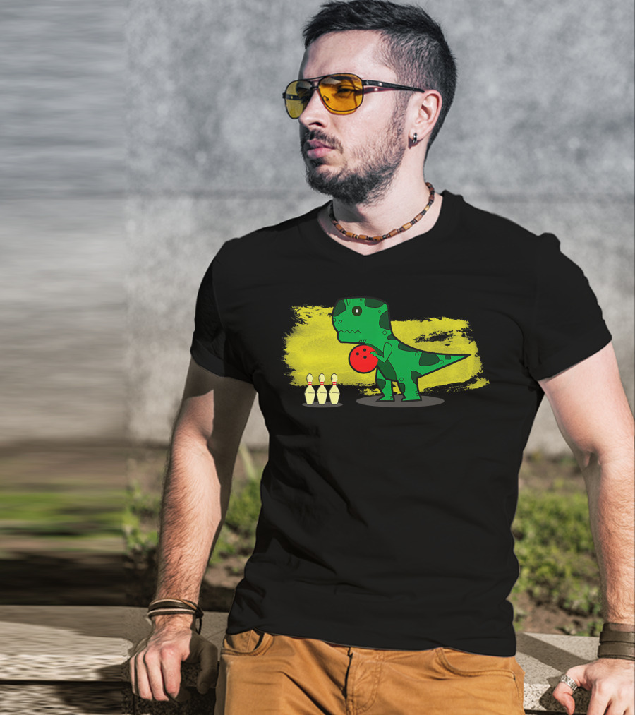 Dino Bowler With Red Bowling Ball And Pins In Yellow Splash Background T-Shirt