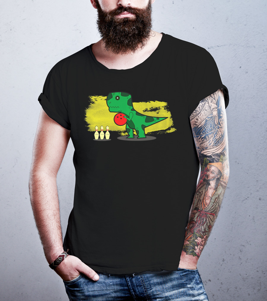 Dino Bowler With Red Bowling Ball And Pins In Yellow Splash Background T-Shirt