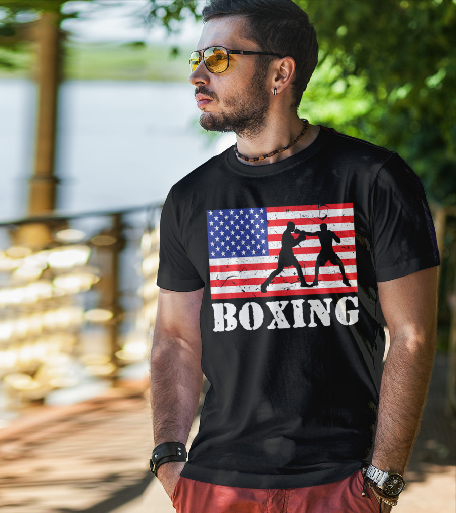 Distressed Boxing USA American Flag With Fighters T-Shirt