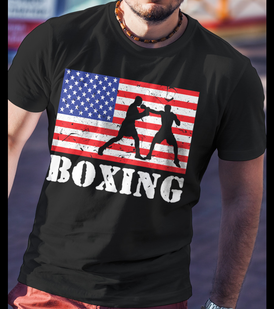 Distressed Boxing USA American Flag With Fighters T-Shirt