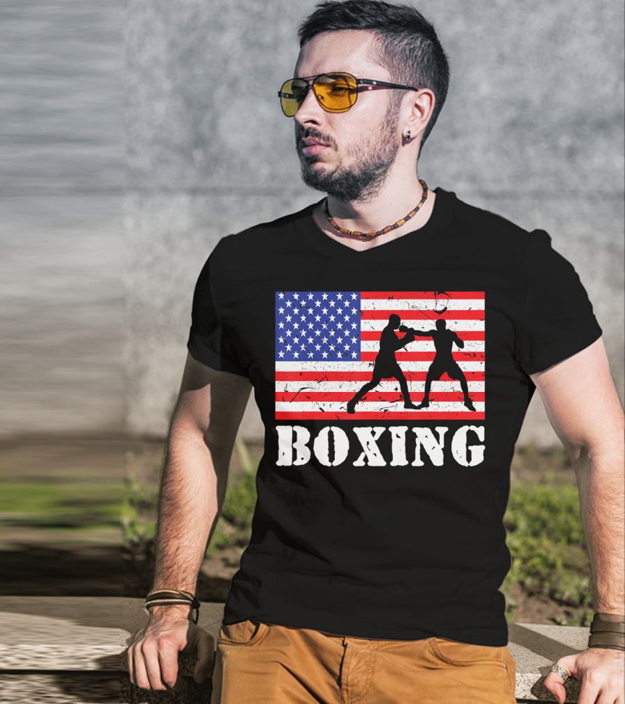 Distressed Boxing USA American Flag With Fighters T-Shirt
